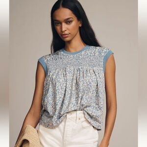 Anthropologie Blue and Cream Patterned Blouse